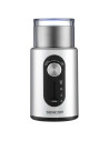 Măcinător de cafea electric elegant, cu lamă din titan pentru o măcinare uniformă. Oferă reglare automată a grosimii, capacitate de până la 60 g de boabe de cafea și întreținere ușoară datorită componentelor din oțel inoxidabil.